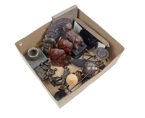 Box with Smiths table clock, bronze figurines, wooden bookends, miniature globe, etc.