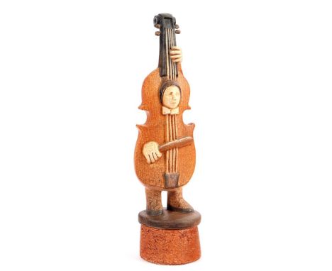 Unclearly signed, earthenware sculpture of figure in cello 43 cm high