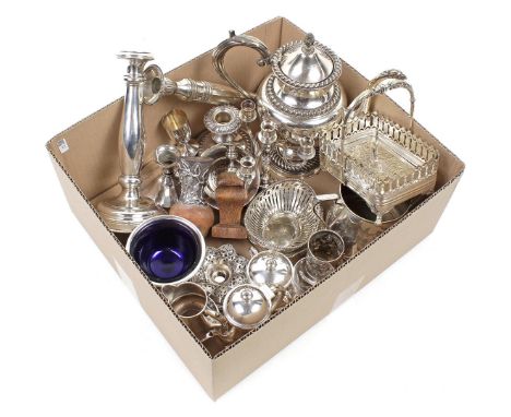 Box variously silver plated, including candlesticks, teapot and various dishes