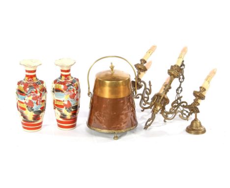 Copper cover, 38 cm high, 2 earthenware Japanese vases (neck damage) and a 6-light crown lamp, approx. 90 cm high