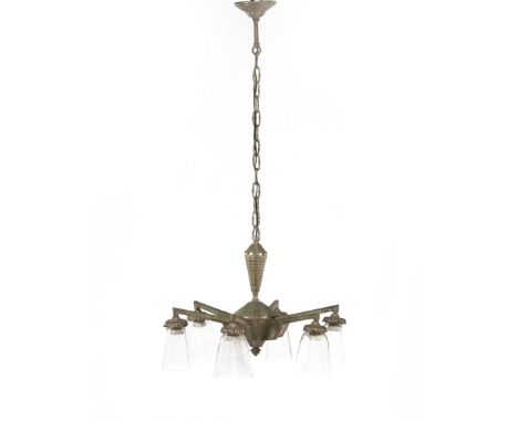 Art Deco iron 6-light hanging lamp with pressed glass chalices and floral decor, 106 cm high