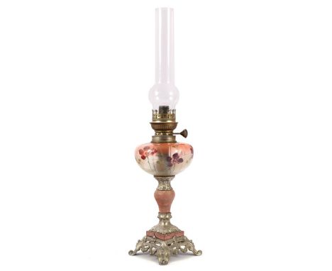 19th century table oil lamp with decorated glass globe, 58 cm high