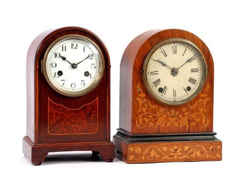 2 table clocks in walnut case with intarsia decorated 29 cm high (1 clock without pendulum)