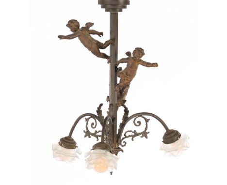 Brass 3-light hanging lamp with rose chalices and 3 Cupids, 60 cm high