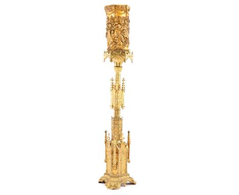 Classic copper candlestick in Neo-Gothic style, 98 cm high including candle