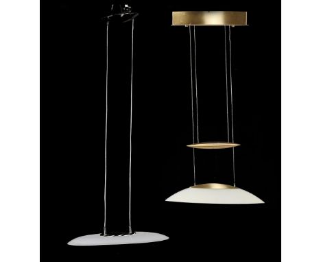 Modern glass pendant lamp with metal frame, shade 67x46 cm and oval glass pendant lamp with copper frame, shade 54x16 cm