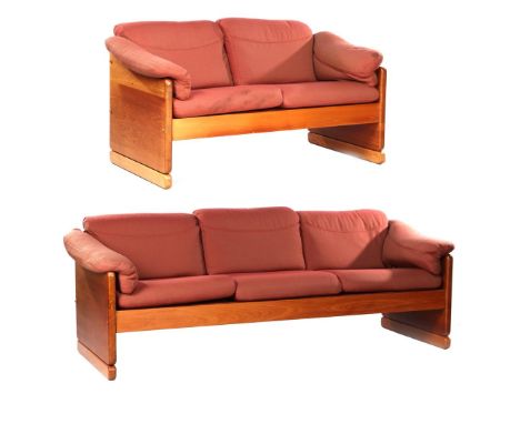 Teak 2- and 3-seater sofa with red upholstered cushions, manufactured by A / S Mikael Laursen, Denmark 1960s, 225 and 160 cm 