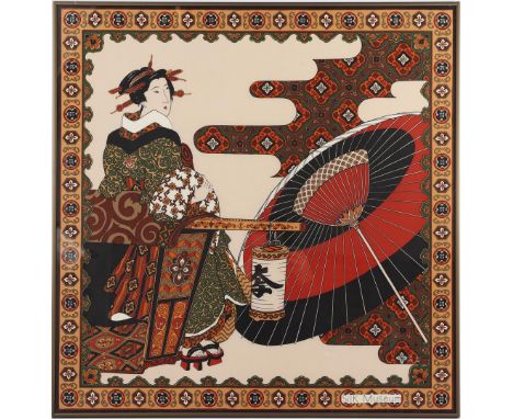 Oriental textiles in frame, Silk Museum, 76x74 cm