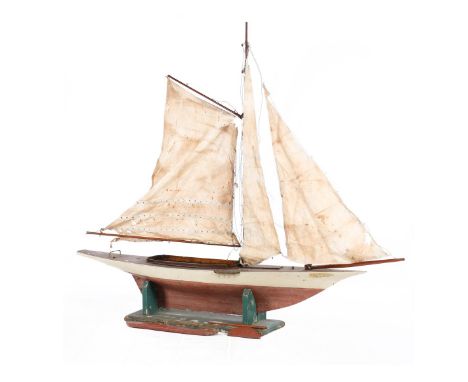 Wooden scale model sailing boat on holder approx. 140 cm high, 150 cm long