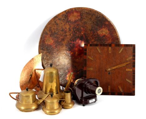 Box with copper teapot, coffee pot, sugar bowl and spoon vase, 1920s, copper table clock electric 22 cm high, wooden Art Deco