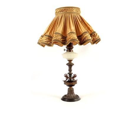 Classic copper with marble table table lamp (originally an oil lamp), with upholstered shade 78 cm high