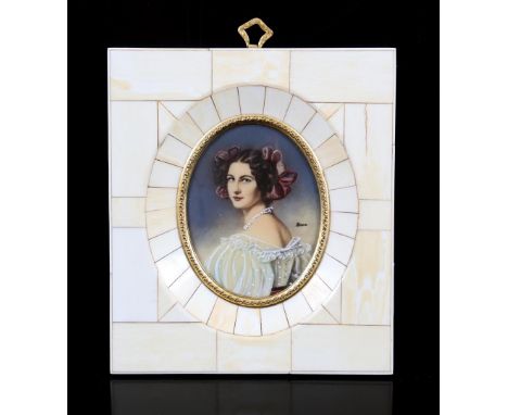 Oval miniature portrait of a woman, &amp; nbsp; in ivory frame, circa 1890, 15.5x13.5 cm, 130 grams. With certificate