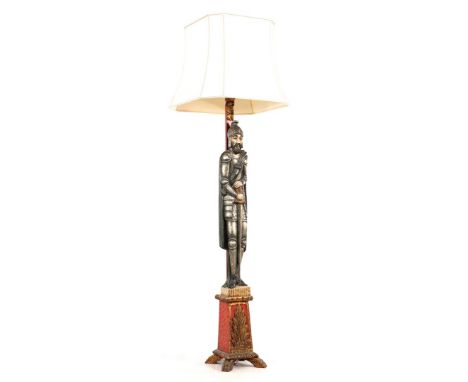 Wooden polychrome colored floor lamp base in the shape of a knight, with upholstered shade, total height 183 cm