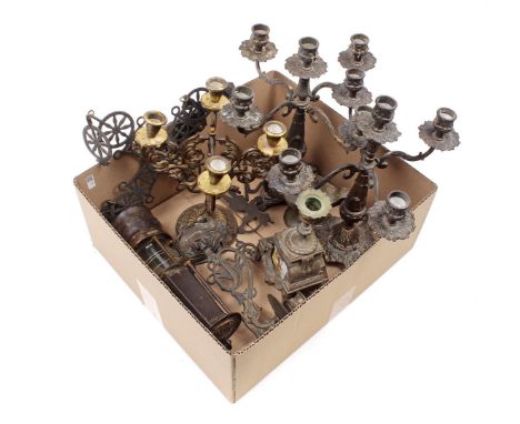 Box with metal bronze colored classical candlesticks, Jugendstil style wall sconce, miner's lamp, oil lamp and Coptic cross