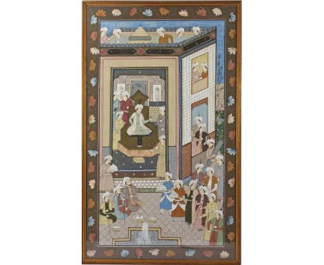 Anonymous, painting on textiles of many men in the house, 80x47 cm
