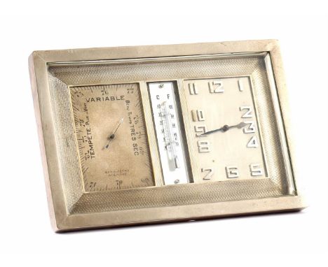 Art Deco French metal table clock with barometer and thermometer, 18 cm wide