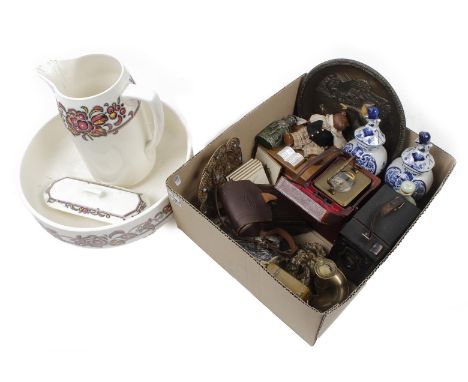Box with brass travel alarm clock in case (defective travel alarm clock), cameras, Porceleyne Fles Delft porcelain lid vases,