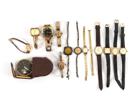 Lot b.u. &amp; nbsp; 13 wristwatches in gold-colored case and 1 travel alarm clock in leather case