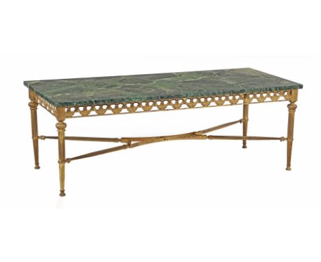 Brass table with green onyx top in Louis XVI style, 45 cm high and top size 130x55 cm