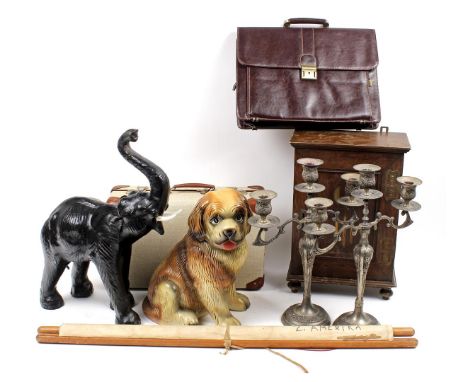 2 metal 3-light table candlesticks 44 cm high, leather-covered elephant 53 cm high, plaster statue of Saint Bernard 37 cm hig