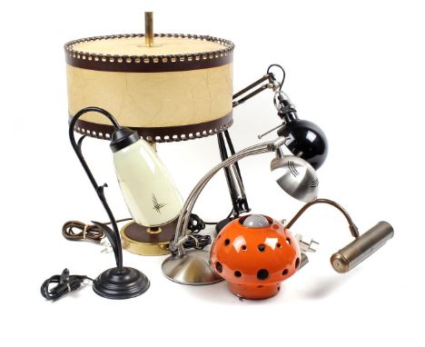 4 &amp; nbsp; metal and copper &amp; nbsp; desk lamps, orange earthenware hanging lamp and table lamp with pig's bladder shad