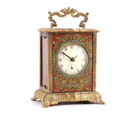 Brass Japy Freres French table clock with painted panels 17 cm high (with damage to panels and plastic dome cap for the dial)