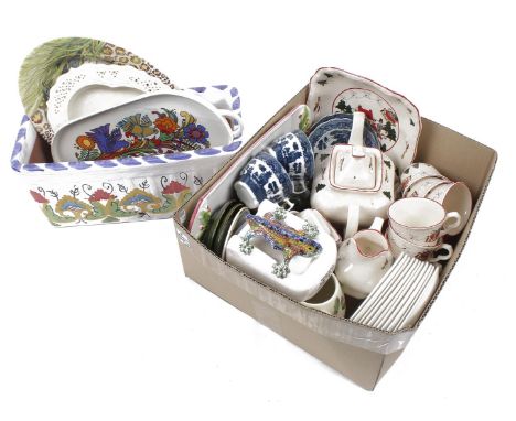 Box with Mason's earthenware coffee set Christmas Village decor, planter, porcelain Villeroy &amp; amp; Boch scale etc.