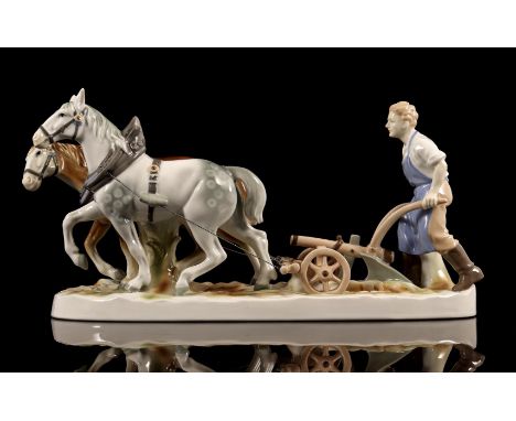 Porcelain sculpture group of plowing horses with farmer 20 cm high, 40 cm wide