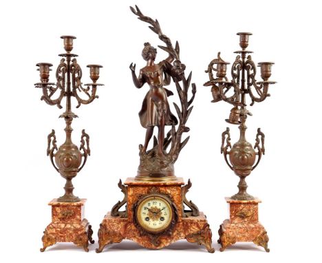 French marble mantel clock with zamak statue of woman on top 65 cm high, 31 cm wide and 2 &amp; nbsp; 5-light candlesticks 57