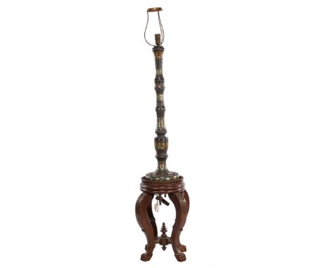 19th century cloisonne lamp base around wooden console, total approx. 170 cm high