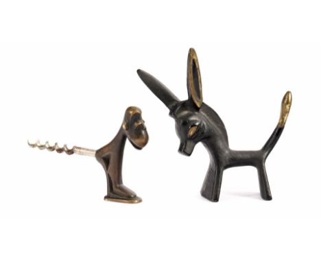 Design Richard Rohac (1906-1965), brass monkey corkscrew, 6 cm high, 9.5 cm wide and design Walter Bosse, brass easel 10 cm h