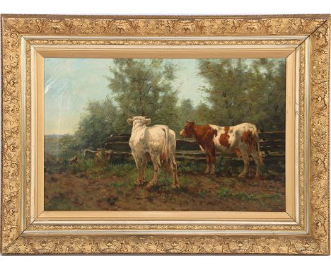 Signed Louis Kleijn, Landscape with cows near the gate, canvas dated 1902, 56x86 cm