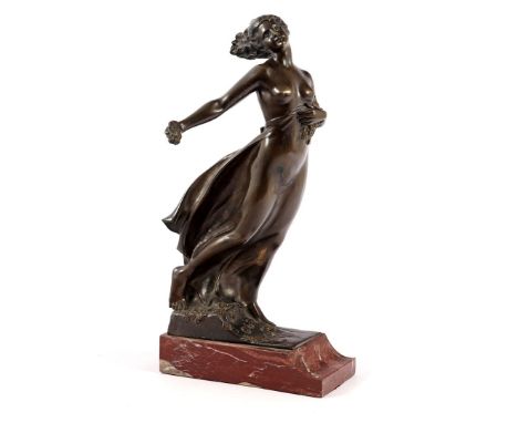 Theodor Stundl (1875-1934) Flower girl in the wind, bronze dated 1919 and standing on a marble base, 44 cm high