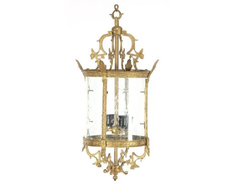 Beautiful round brass 4-light hall lamp with cut glass side wall 76 cm high, 38 cm diameter