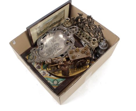 Box various wo. 4 old Spanish tiles in frame, color engraving of Maastricht, Jewish candlestick, pewter Jugendstil dish, meta