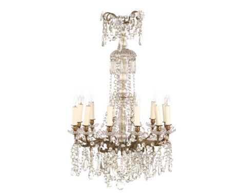 Crystal 12-light chandelier with many drops and beads and copper frame 92 cm high, 58 cm diameter