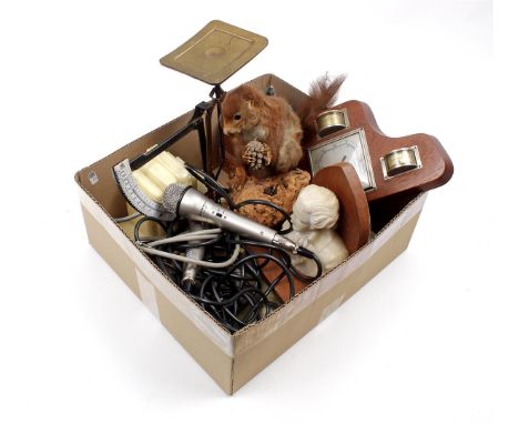 Box with barometer, old letter scale, taxidermy squirrel, lap coffee grinder, bookends, Silvercrest microphones etc.