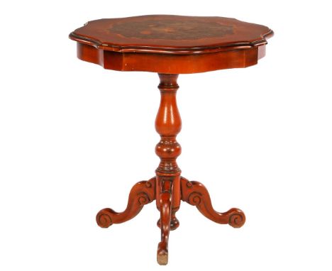 Walnut and burr walnut lamp table with inlaid decoration, 56 cm high, 54 cm diameter