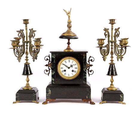 Marked Marti, black with green &amp; nbsp; marble mantel clock with bird on top, standing on claw feet &amp; nbsp; 46 cm high