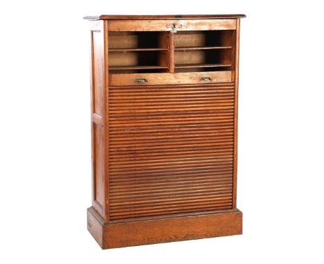 Oak 1-door roller shutter cabinet with 2x8 open drawers 127 cm high, 84 cm wide, 37 cm deep