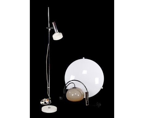 Chrome floor lamp with white lacquered shade and base 147 cm high, chrome wall lamp with brown plastic shade, circa 1970 and 