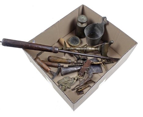 Box with bronze candlestick, weight, brass, stamps, rollers, pewter wall tray, crucifixes, etc.
