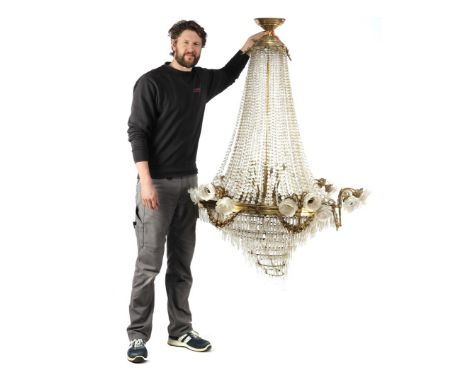 Very nice brass 30-light pocket chandelier &amp; nbsp; with crystal drops, &amp; nbsp; surrounded by rose calyxes, garlands a