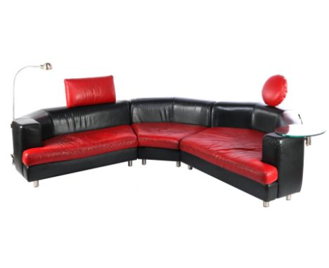 Red and black leather 3-part modular Rolf Benz lounge sofa with various attributes, 331 cm wide as in the photo (burn mark an