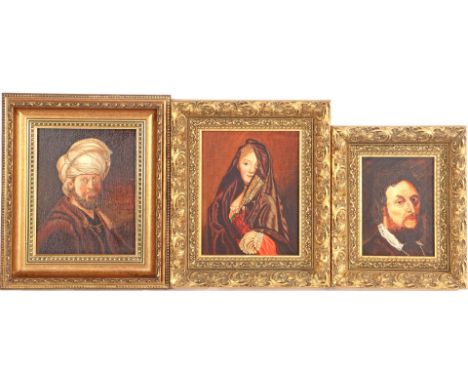 Anonymous, 3 portrait paintings of men and women, canvas sizes 24x18 cm and &amp; nbsp; 30x24 cm, in richly decorated gold-co