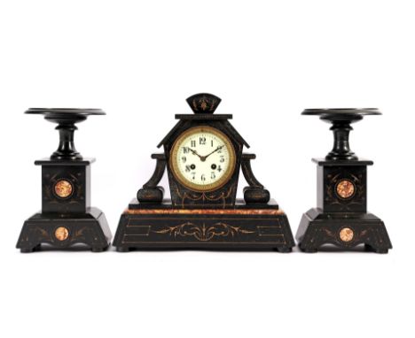 Marked Japy Freres, French marble mantel clock 29 cm high, 33 cm wide with 2 side sections 26 cm high