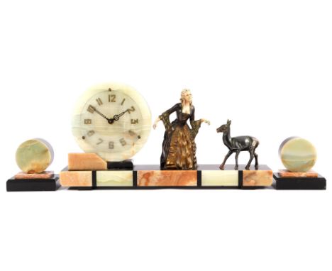 3-piece Art Deco clock set consisting of a mantel clock with a woman and deer, 28 cm high, 55 cm wide and 2 side pieces