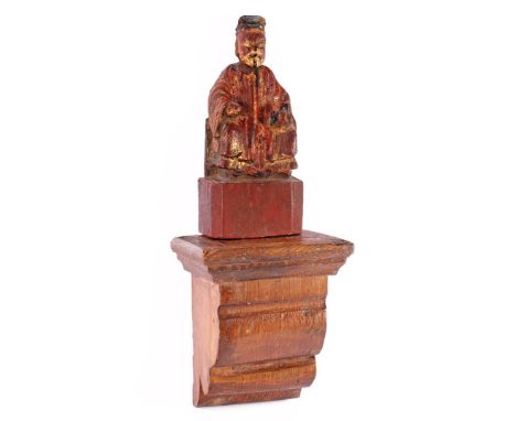 Old Chinese wooden polychrome colored statue of a dignitary with storage space in the back and cover panel, sitting on the th