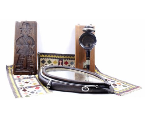 Horse house mirror 76x50 cm, old coach lamp on wooden panel (damage to side glass), wooden cake board 59x25 cm and 3 kilim ca