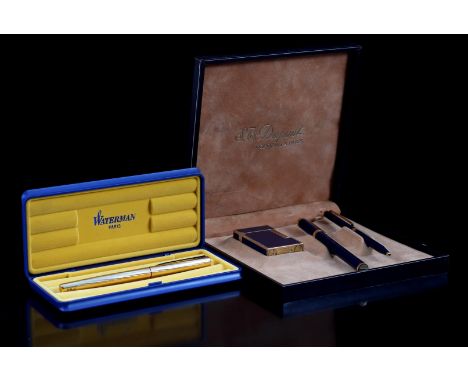 Waterman gold-colored fountain pen and Dupont pen set and lighter in case